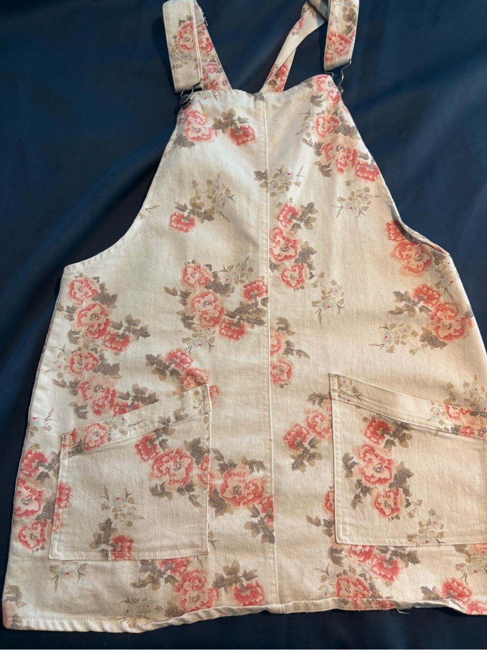 Floral Print Pinafore Apron Dress - Cream with Pink Roses